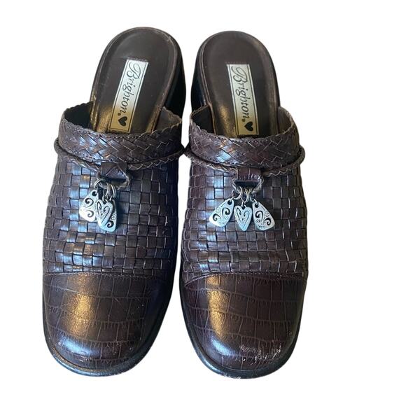 Brighton Dark Brown woven Leather Slip-On mule with block heel w charms size 8.5 - Picture 1 of 9